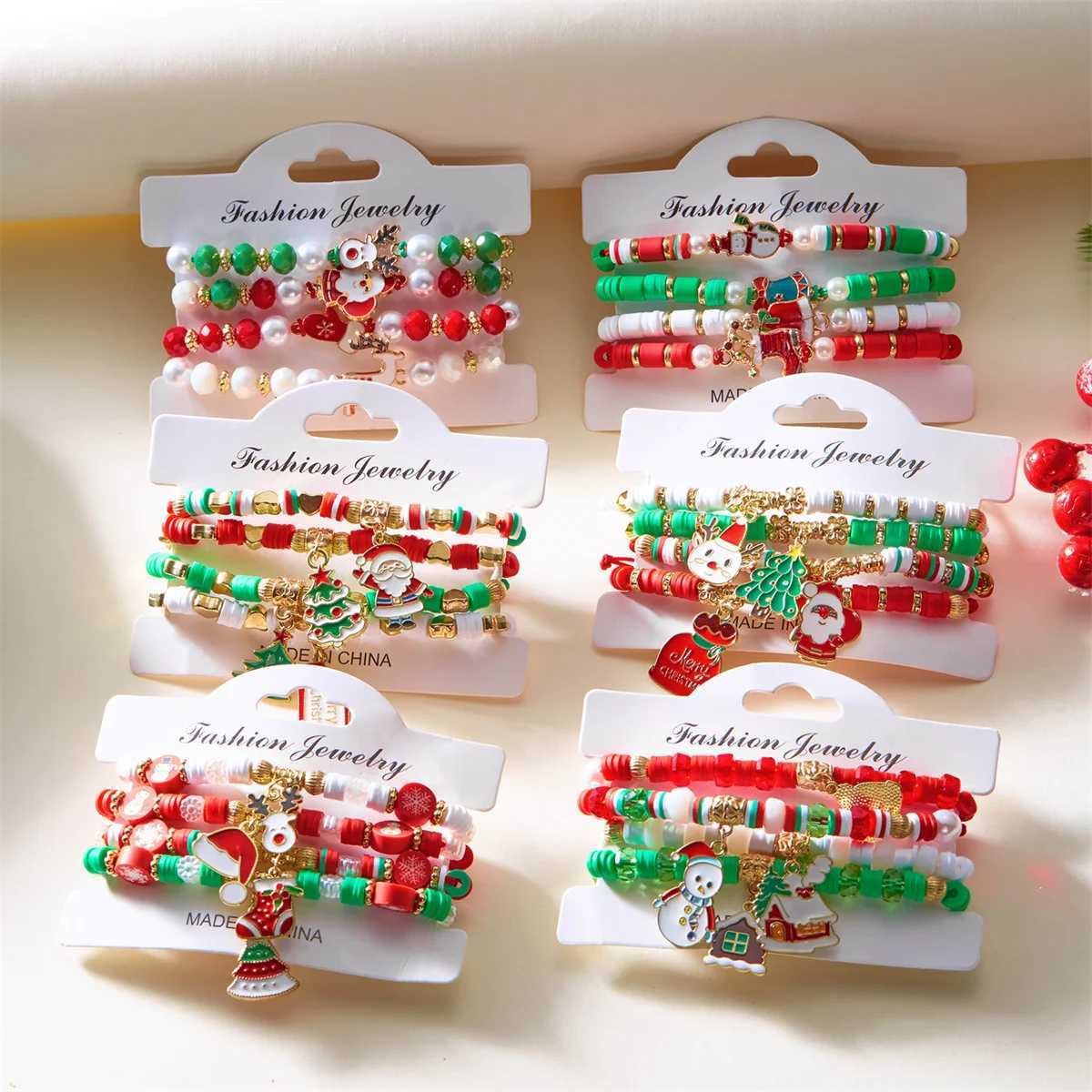 4Pc/Set Merry Christmas Tree Santa Claus Bracelet For Women Xmas Deer Crystal Polymer Clay Beads Woven Bracelet New Year JewelryX240921