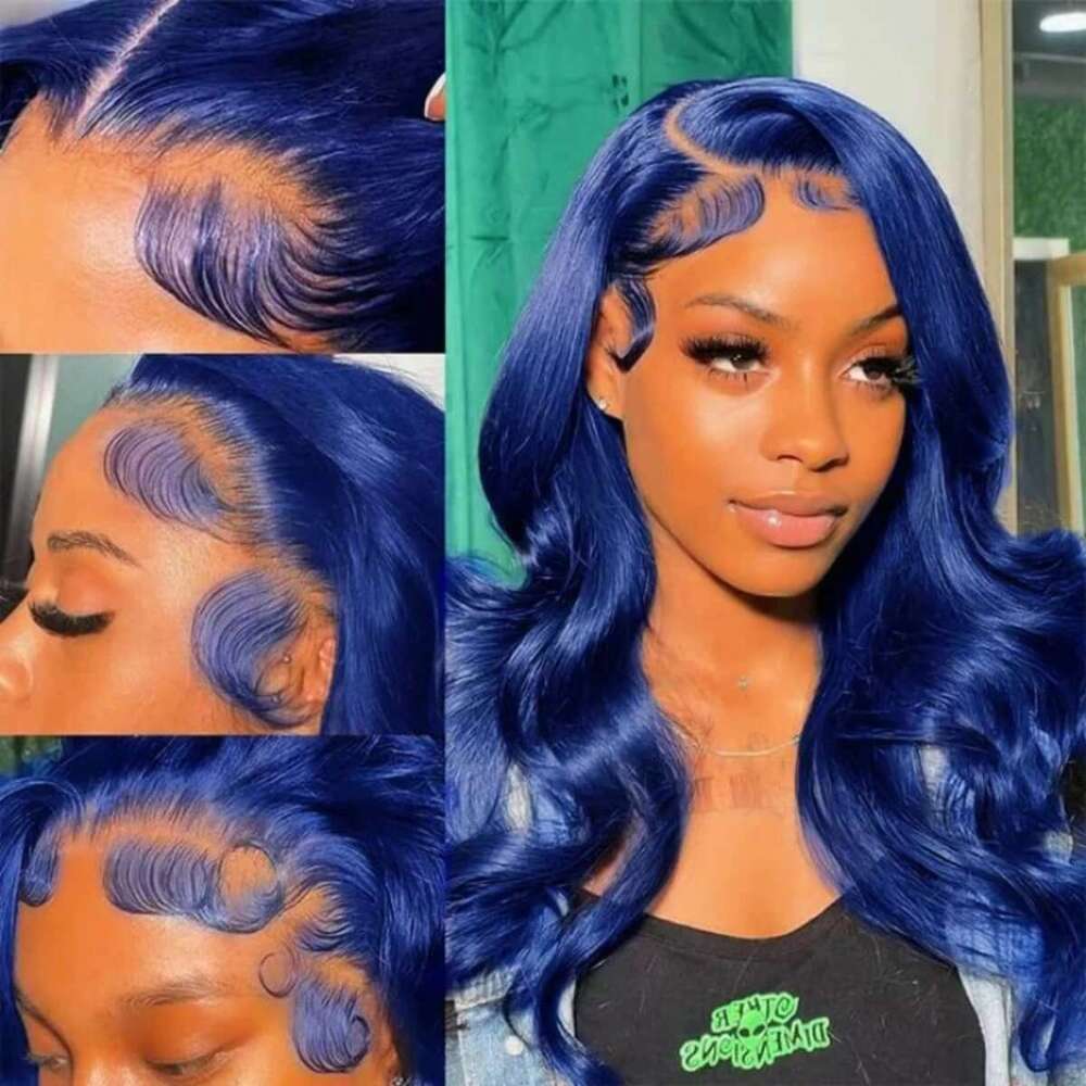13x4 Navy Body Wave Frontal Brazilian Hair Blue Colored HD Transparent Lace Front Wigs For Women Pre Plucked