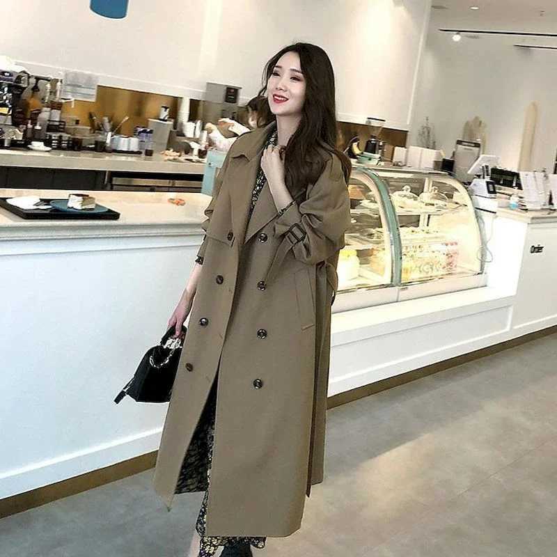 Korean Fashion Long Trench Coats and Jackets Women 2022 Autumn Winter Solid Color Classic Style Women Coat Casual Tops femaleX240921