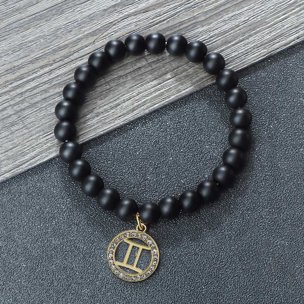 New Twelve Signs Gemini Charm Elastic Bracelet Women Men Natural 8mm Black Matte Couple Bangles Pulsera Chain Jewelry GiftX240921