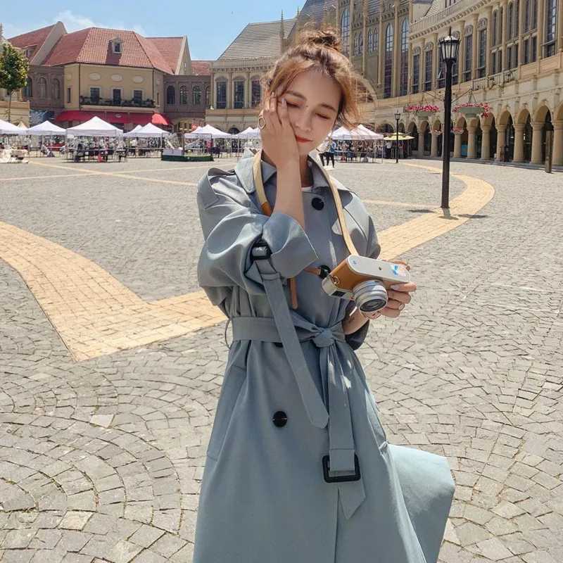 2021 Fashion Women Trench Coat Beige Blue Long Double-Breasted With Belt Spring Autumn Lady Coat Female Korean Loose OuterwearX240921