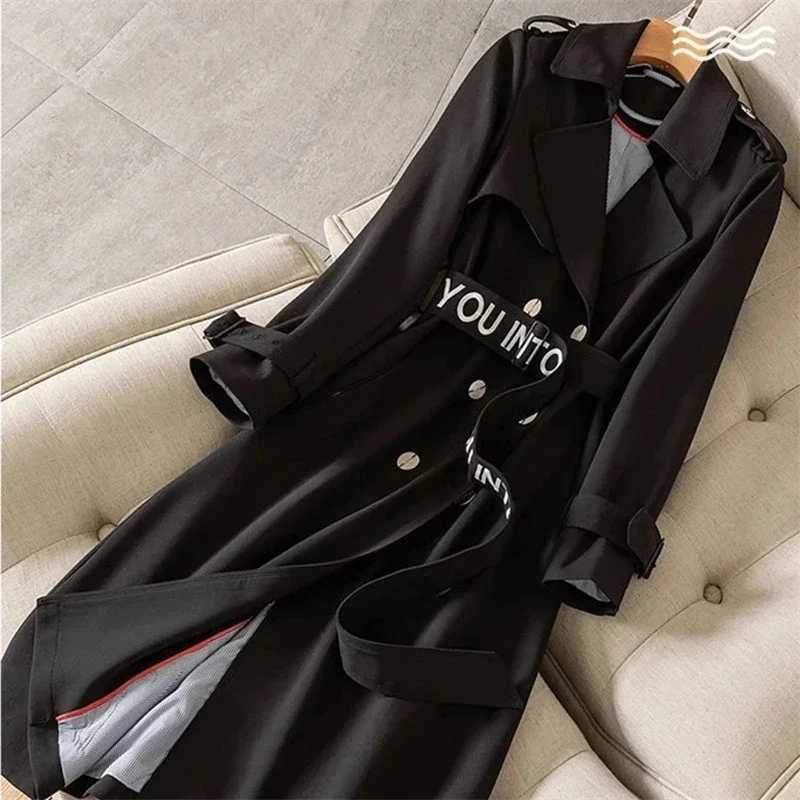 Spring Casual Women Mid-length Trench Coat With Letter Embroidery Sashes Double-breasted Lapel Female Windbreaker Outwear B293X240921