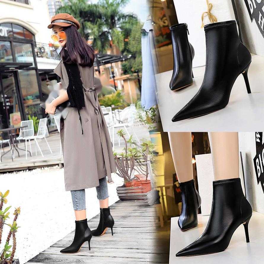 CMM Fashion Simple Thin Boots Thin Heels High Heels Pointed Sexy Nightclub Thin Short Boots and Bare Boots