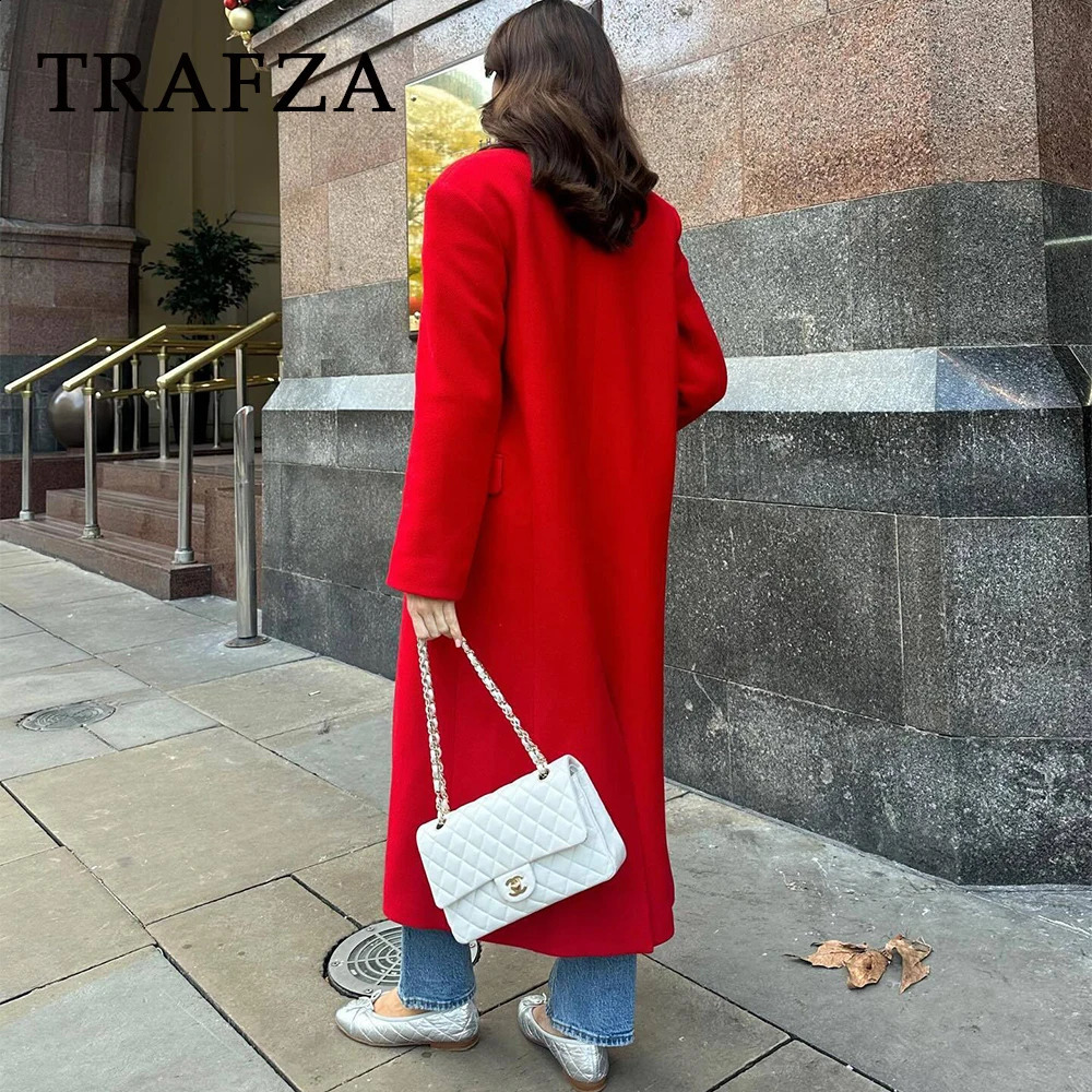TRAFZA 2024 Autumn Winter Women Casual Long Coats Fashion Streetwear Solid Turn Down Collar Single Breasted Elegant Jackets 240919