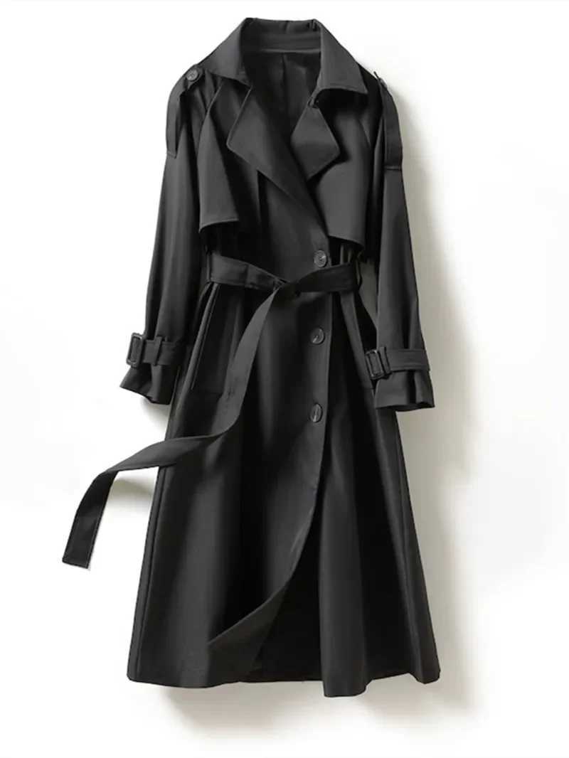 Elegant Khaki Long Trench Coats for Women Vintage Double Breasted Black Windbreaker Korean Casual Loose Long OverCoat StreetwearX240921