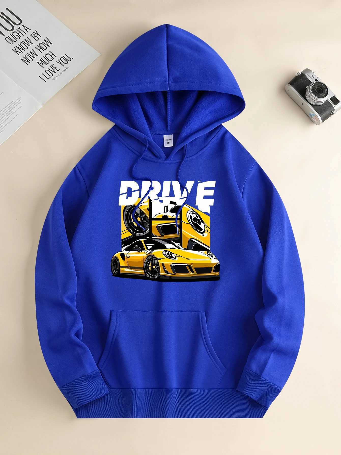 Mens new fashion hoodies casual daily drawstring hooked sweatshirts car prints front kangaroo pockets mens blouses W240921