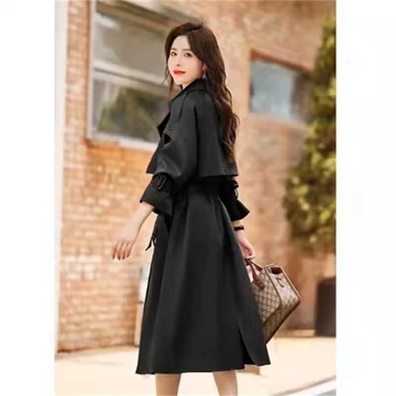 Lace-Up Windbreaker Female All Match Jacket 2024 Autumn Spring Jacket Women Zipper Coat Solid Color Tops Lining Long TrenchX240921