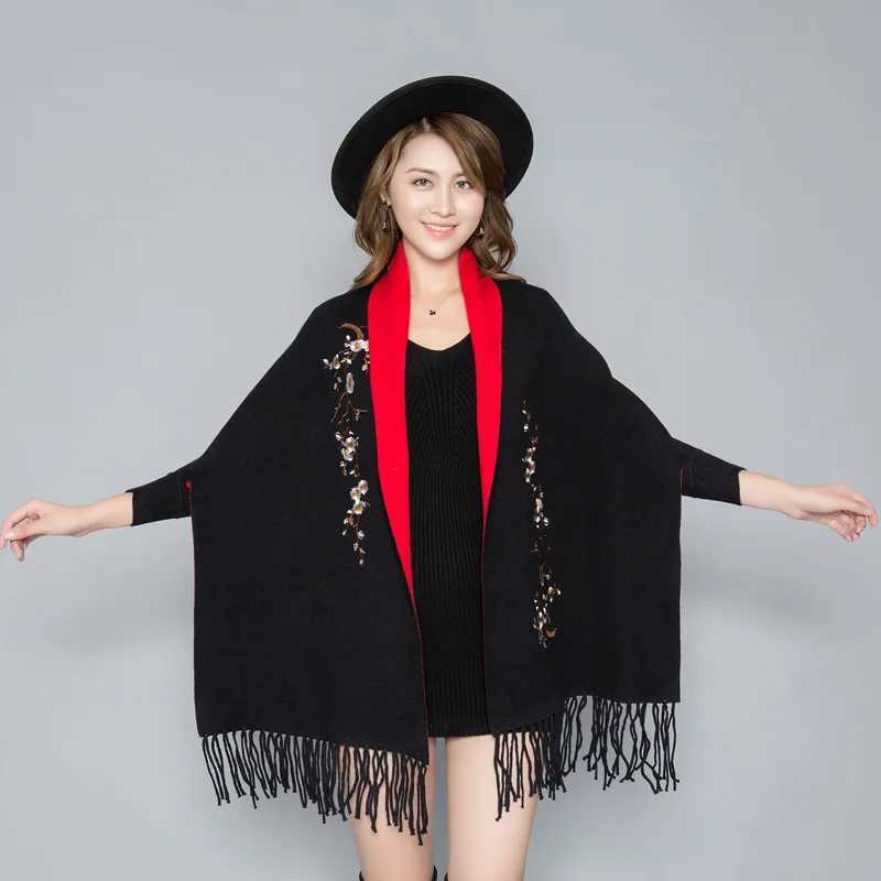Womens Embroidered Sleeves Raincoat Shawl Dual Womens Autumn and Winter Thick Embroidered Cashmere Open Coat Womens Top Q51 W240921