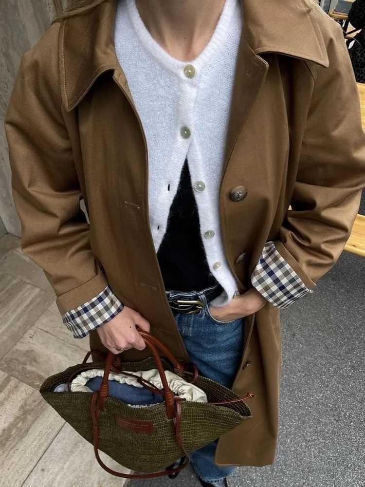 Elegant Plaid Lapel Long Windbreaker Women Fashion Single Breasted Full Sleeve Solid Coat 2024 Autumn Lady High Street OutwearX240921