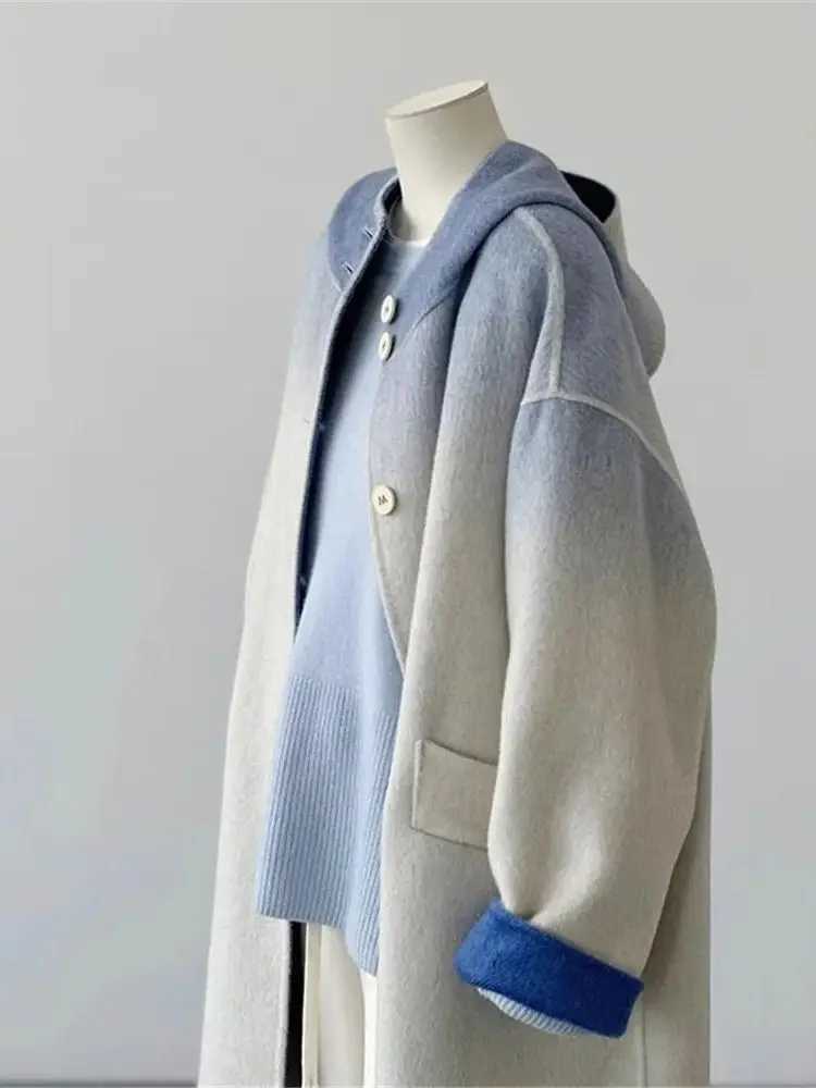 Double sided cashmere office womens gradient wool coat autumn and winter OL style hooded coat 2023 new model Y4670 W240921