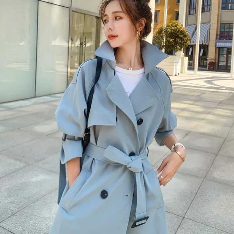 2021 Fashion Women Trench Coat Beige Blue Long Double-Breasted With Belt Spring Autumn Lady Coat Female Korean Loose OuterwearX240921