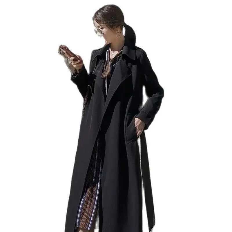 2024 New Korean Black Windbreaker Coat For Womens Clothing Spring Autumn British Lace Up Long Trench Coats Belt OvercoatX240921