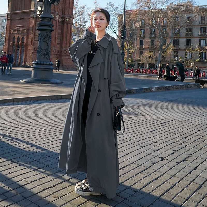 Korean Style Loose Oversized X-Long Womens Trench Coat Double-Breasted Belted Lady Cloak Windbreaker Spring Fall Outerwear GreyX240921