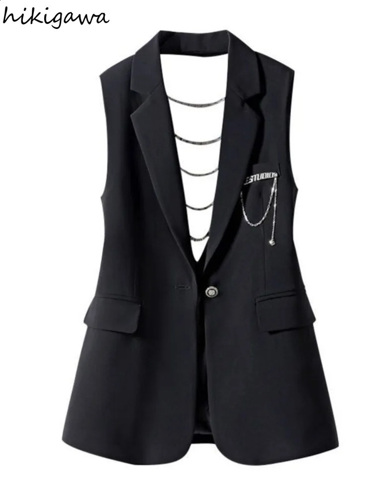 Sleeveless Cardigan Vest Women Ropa Mujer Fashion Hollow Out Chain Bow Waistcoat Tunic Fashion Black Tanks Korean Y2k Tops 240919