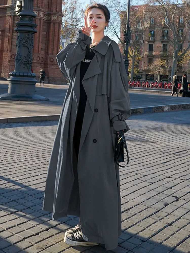 Windbreaker Women Lapel Coat Double-breasted V-Neck Autumn Winter Loose Coat Solid Lapel Belt Wind Coat Pleasure Outer GarmentX240921