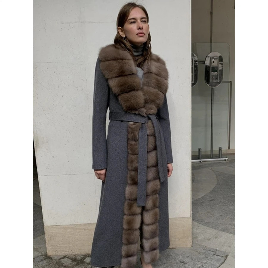 Wool coat womens fur coat womens fur warm winter jacket natural fox fur winter cashmere 240921