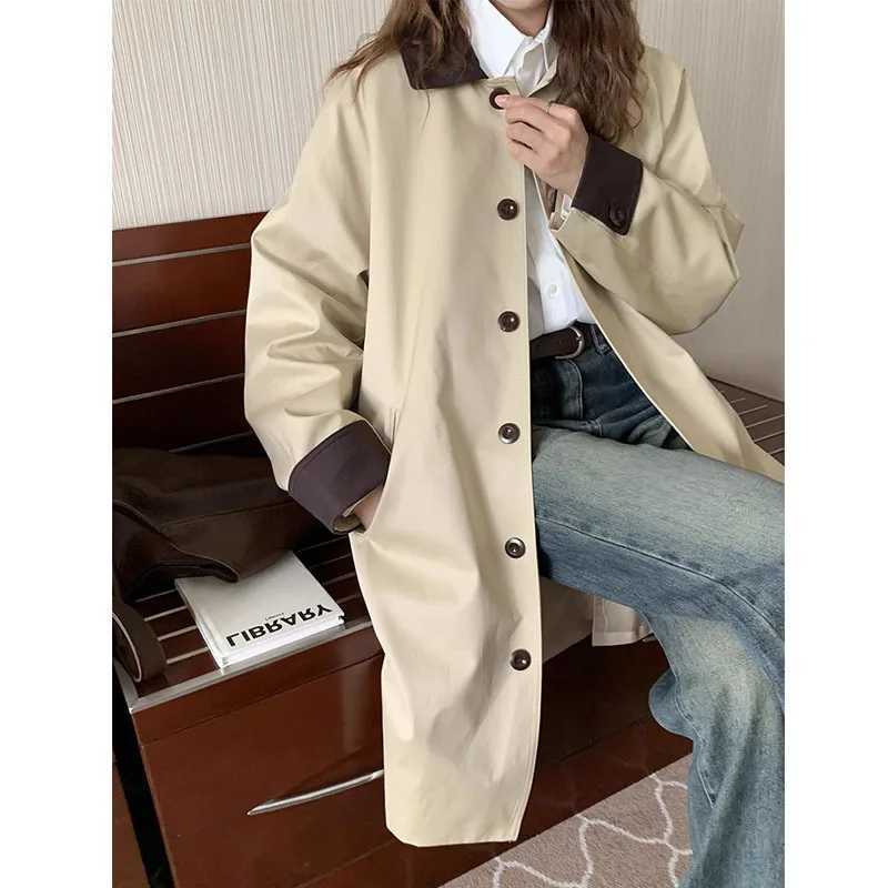 Korean College Style Vintage Medium-length Trench Coat Jacket for Women Fashion Chic Single Breasted Lapel Loose Beige OuterwearX240921