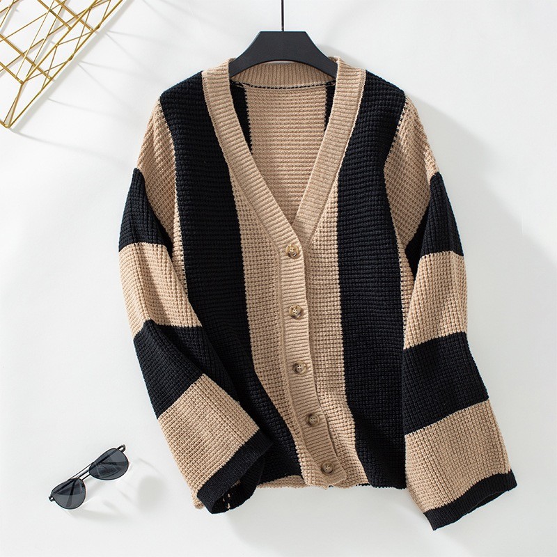 European and American fashion new autumn and winter women's clothing striped contrasting trumpet sleeve knitted cardigan loose sweater jacket