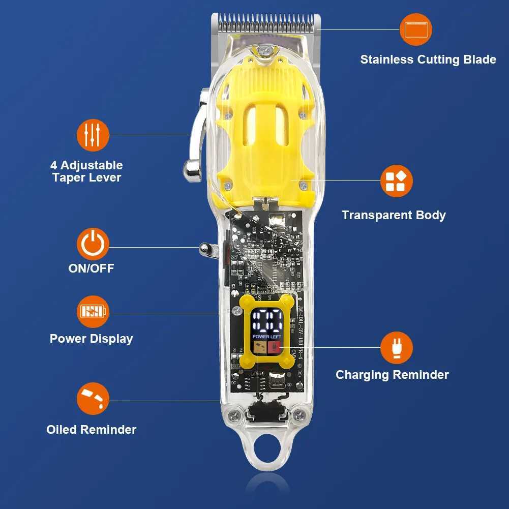 Hair Trimmer Led Dispilay Electric Hair Clippers Transparent Wireless for Men Barber Hair Cutting Machine Cordless Beard Trimmer M240921