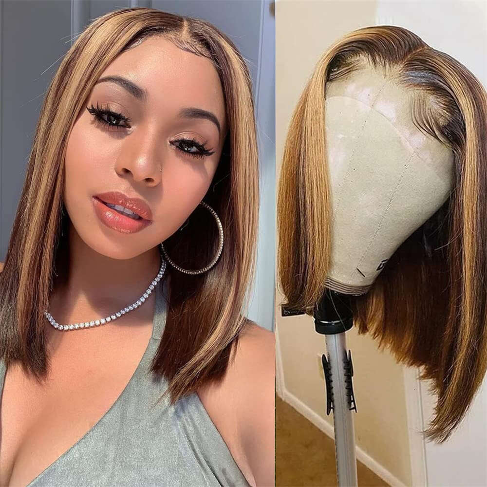 Straight Short 100% Highlight 13x4 Frontal Human Hair Wigs Bob Honey Blonde Ombre Brown Lace Front Wig