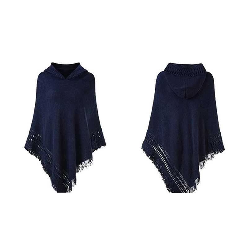 Womens winter warm knitted hooded raincoat solid color crocheted tassel shawl bag oversized zipper cape sweater top W240921