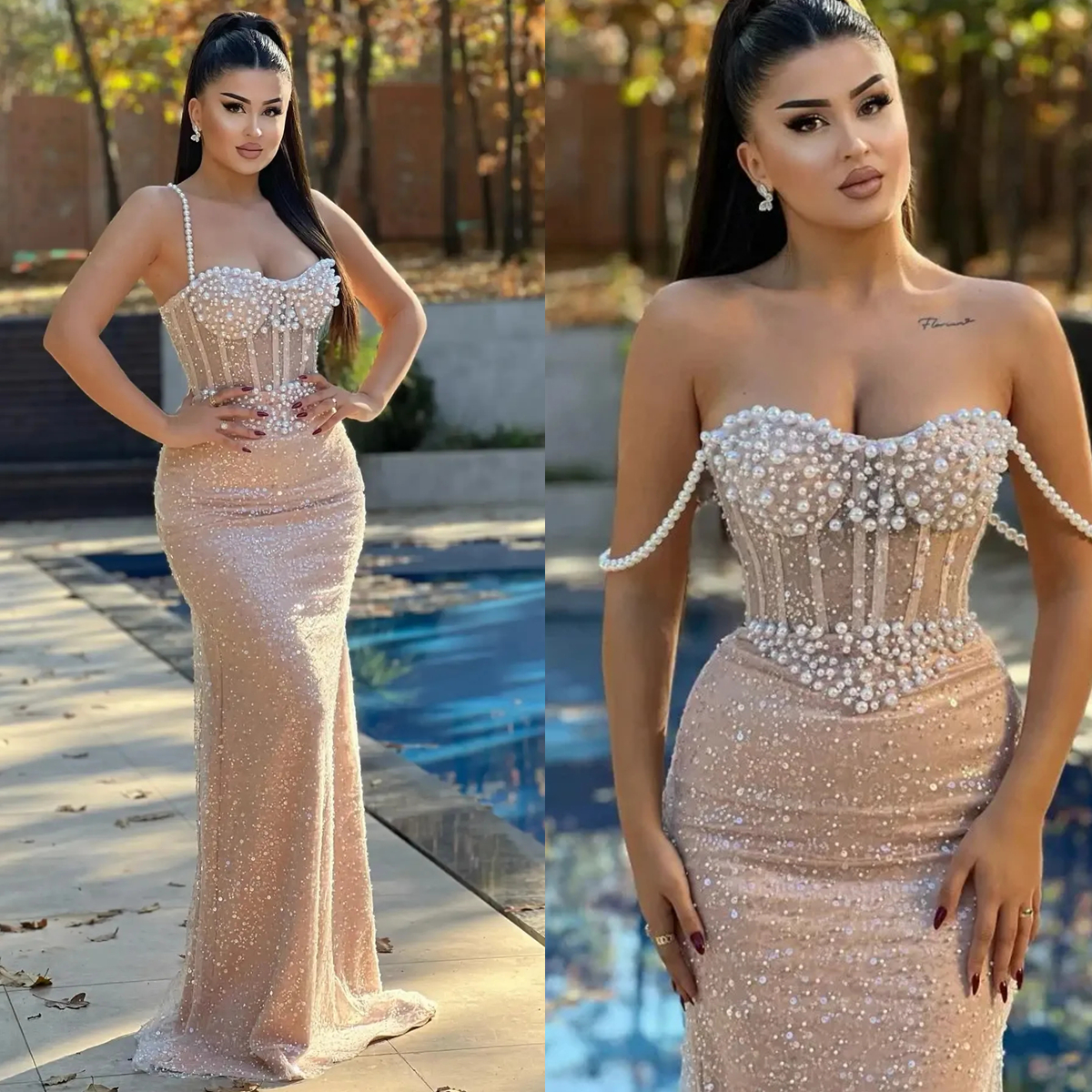 Modern Sequined Mermaid Prom Dresses With Pearls Beaded Spaghetti Straps Corset Long Formal Events Evening Gowns For Women Sleeveless Nude Charming Pa