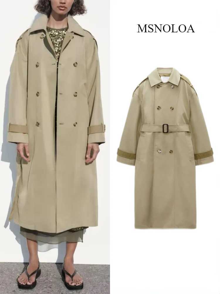 New Women Long Sleeved Lapel Double Breasted Matching Belt Contrast Loose Windbreaker Coat Large Version Windbreaker JacketX240921