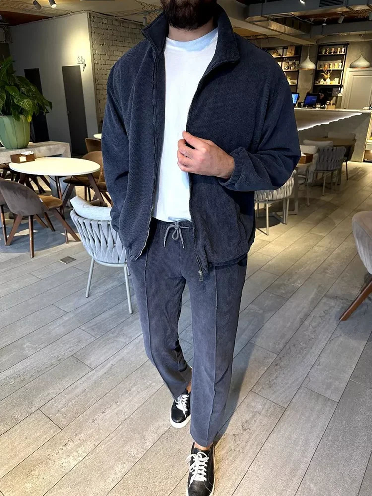 Casual Mens Two Piece Sets Streetwear Fashion Solid Color Slim Zipper Lapel Jacket And Pants Two Piece Suits Men Stylish Outfits 240918