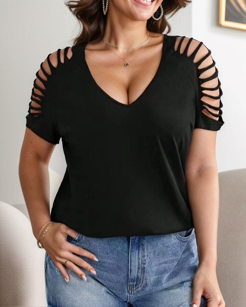 2024 European Cross border Plus Size Women's V-neck Casual Hollow Short Sleeve European and American Cross Hollow T-shirt Free Shipping
