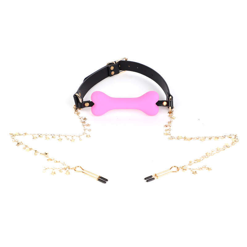 Sexy SM Prop Light Luxury Genuine Leather Silicone Mouth Stopper Maid Training Torture Tool Bone Mouth Stopper with Diamond Long Chain Breast Clip