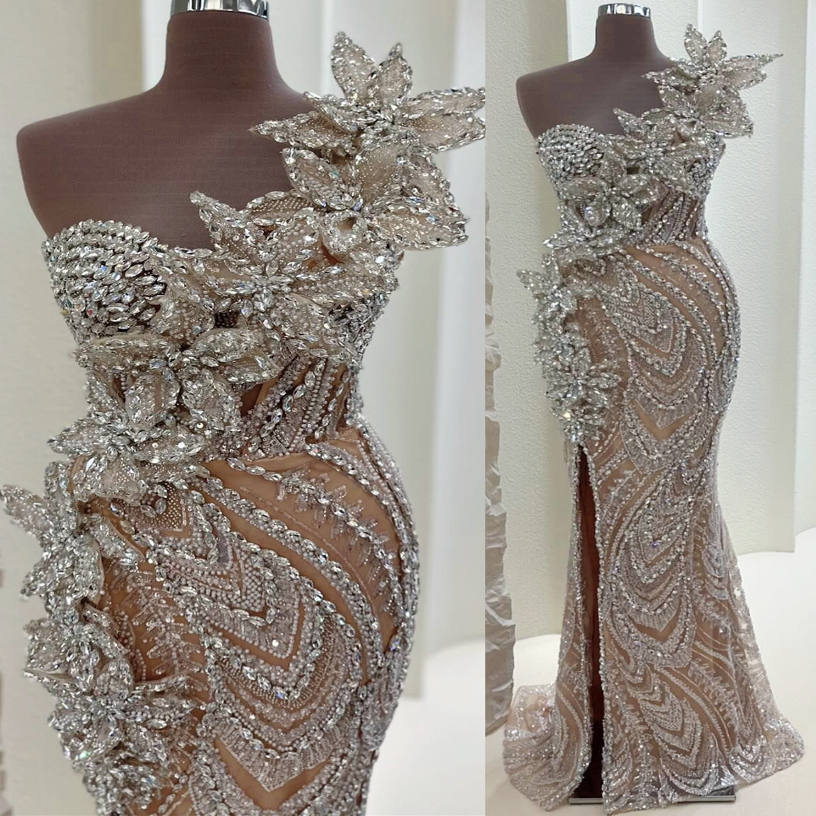 2024 Champagne Illusion Mermaid Prom Dresses For Special Occasions Flowers Rhinestones Luxurious Evening Formal Party Reception Birthday Engagement Go