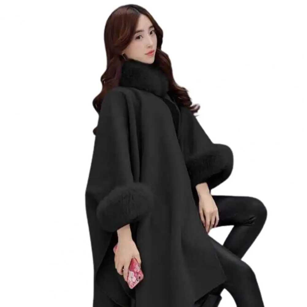 Womens Cape Town coat solid color faux fur collar autumn warm loose medium length raincoat jacket suitable for daily wear Bohemian shawl W240921