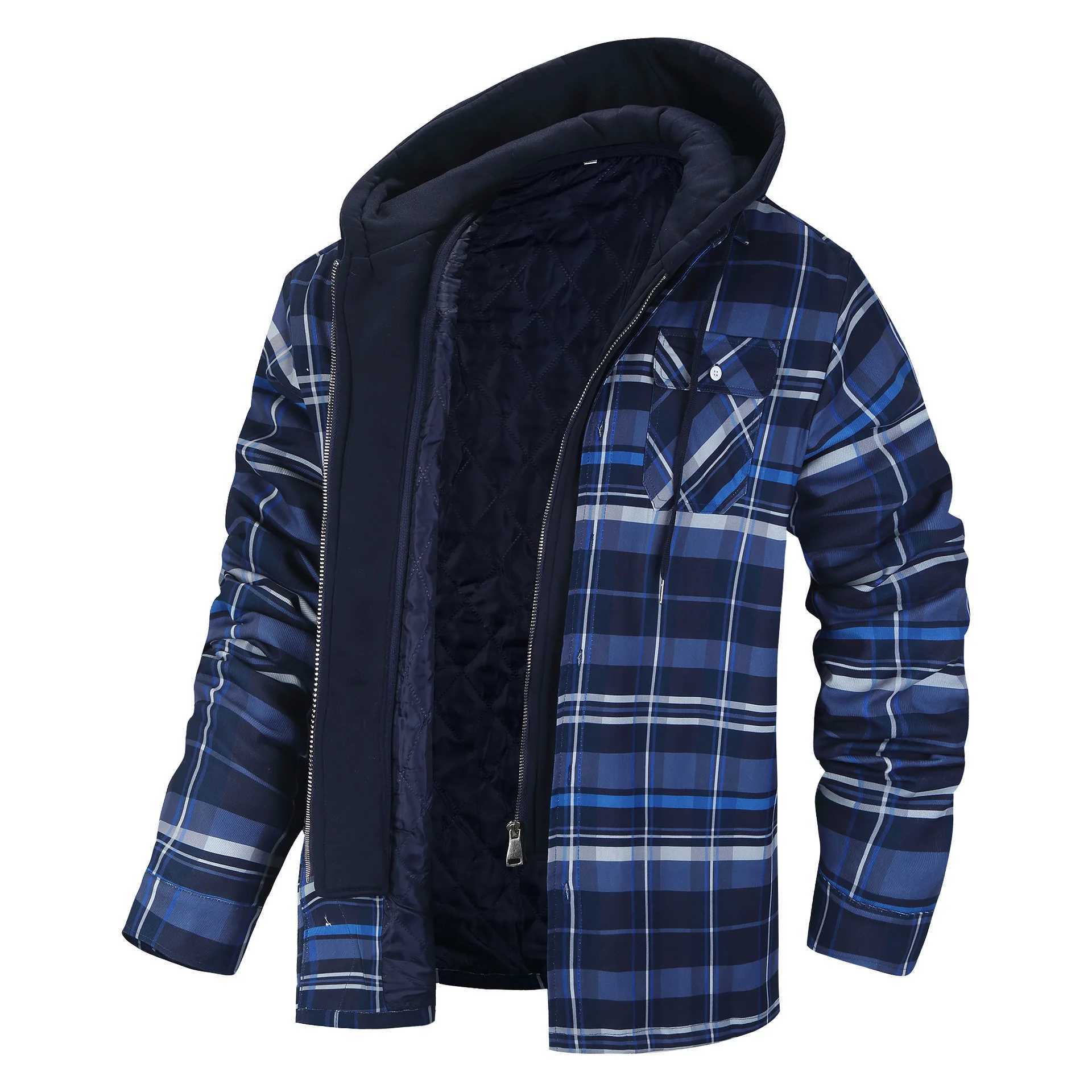 Winter plaid hoodie mens loose thick cotton windproof jacket warm and comfortable outdoor multi-color casual clothing W240920