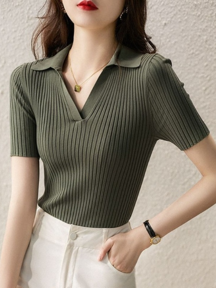 Women's Polo Shirt Slimming T-shirt Plain White Knitted Women's T-shirt Fashion Trend 2024 High Quality Fashion Beautiful Youth Free Shippin