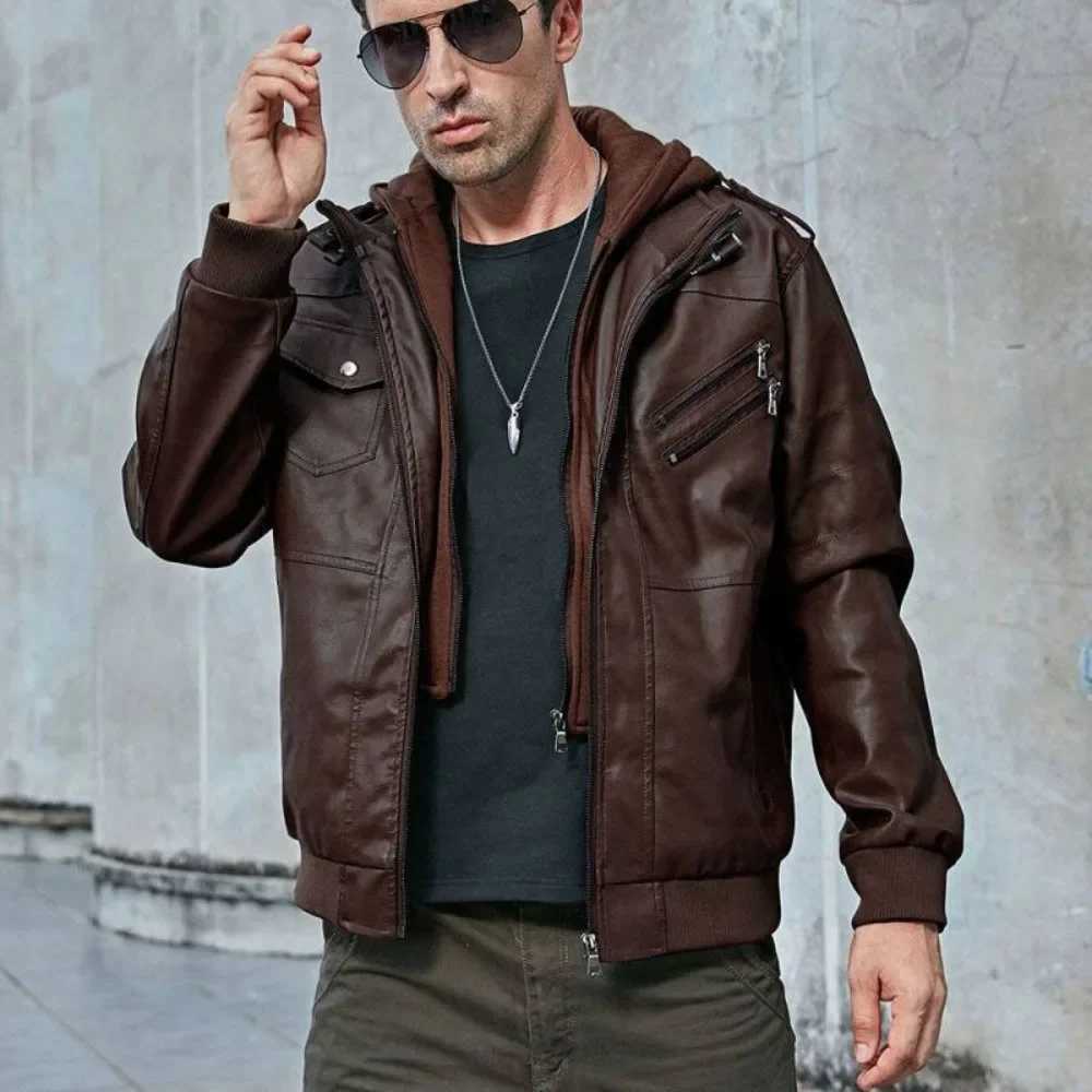 Mens leather jacket autumn and winter motorcycle PU jacket outdoor jacket loose jacket W240918