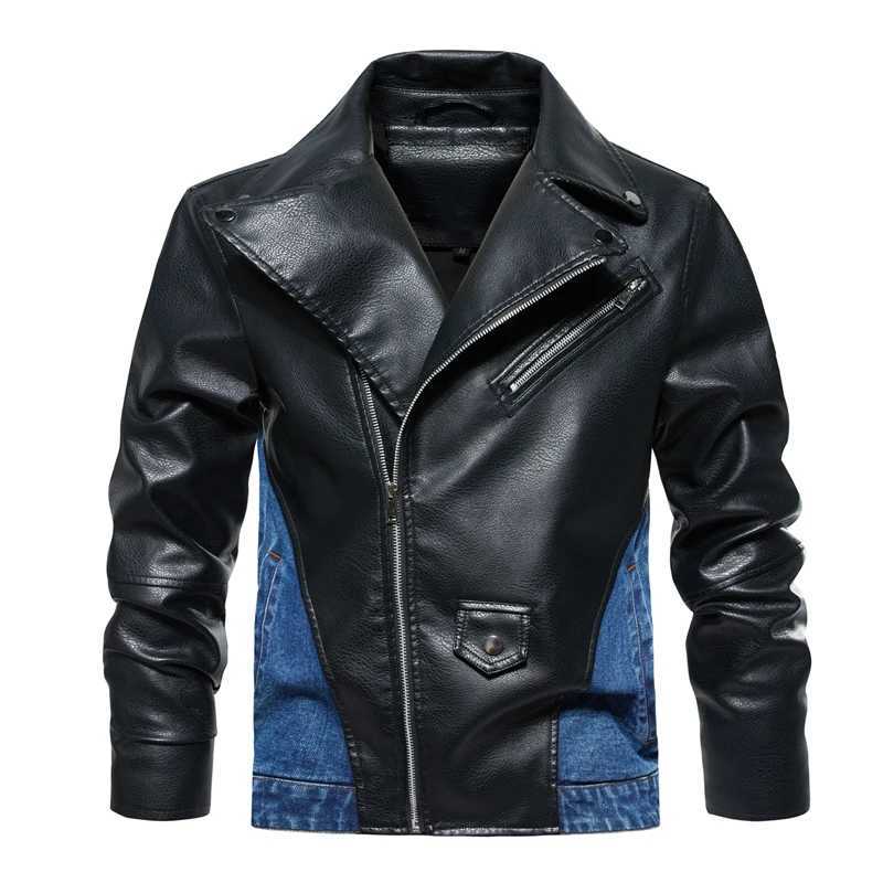 Mens leather jacket autumn and winter casual denim patch work top motorcycle armored jacket fashionable streetwear mens clothing S-3XL W240918