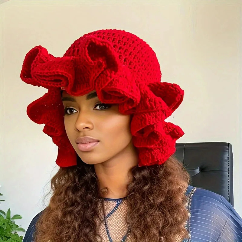 Colorful Crochet Ruffle Bucket Hat Warm Stretch Knit Hat Year Celebration Womens Fashionable Handmade Beanie Hat 240921