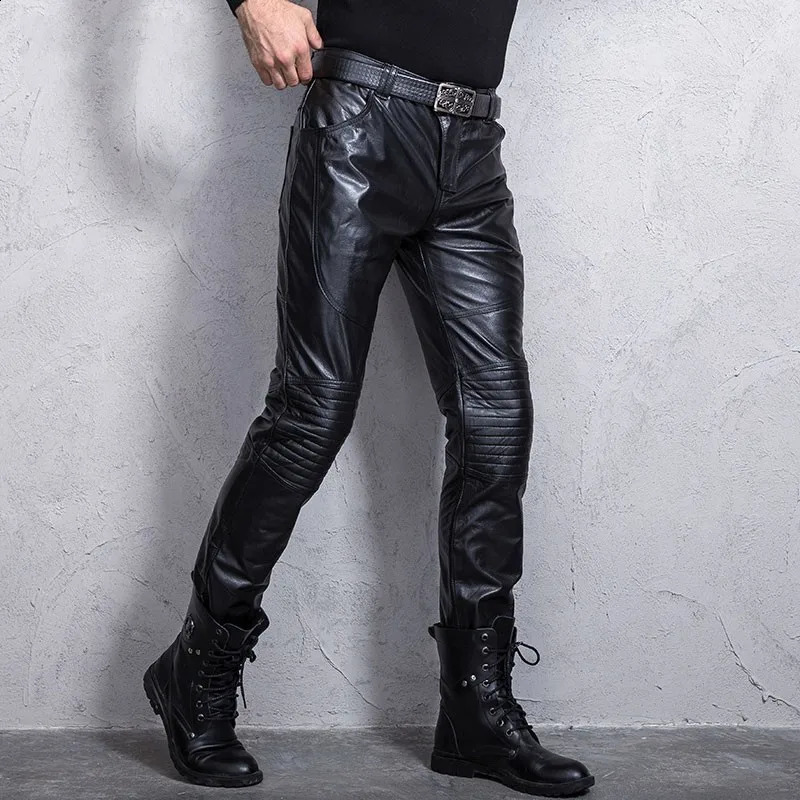 Cow leather pencil pants for men motorcycle bike windproof genuine leather pants for men punk style slim fit suitable for riding Trousers 240913