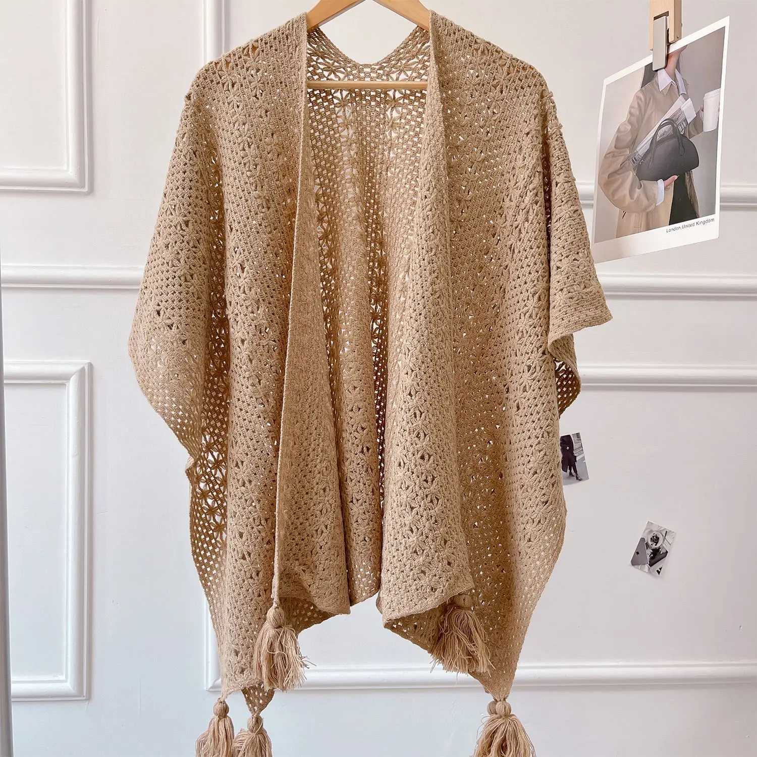 Raincoat ethnic style travel holiday coat photography knitted tassel split style shawl womens shawl womens spring coat W240921