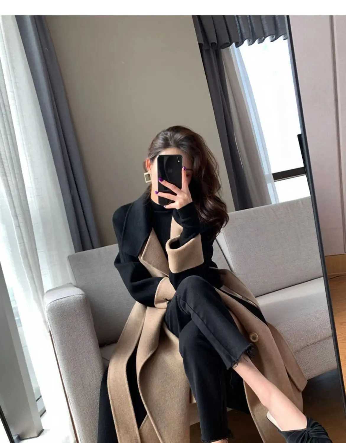 Womens Woolen Long Overcoat With Belt Spring Autumn New Double Sided Fleece Wool Color Matching Style Slim Splicing CoatX240921