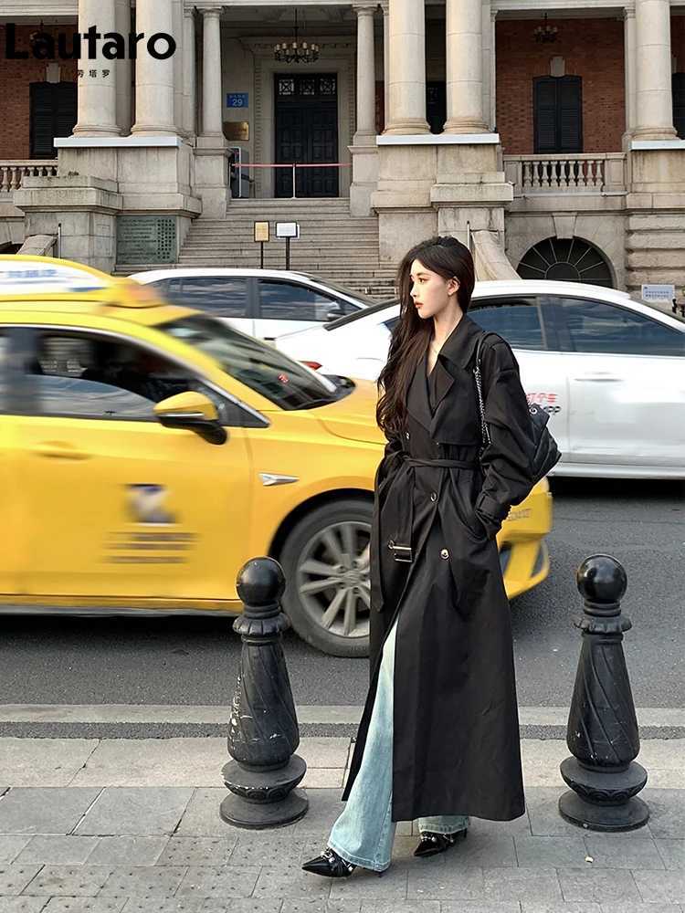 Lautaro Spring Autumn Long Black Hard Waterproof Trench Coat for Women Belt Double Breasted High Quality Luxury Overcoat 2024X240921