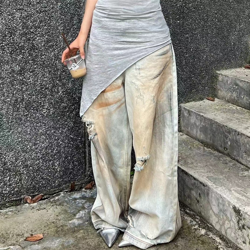 Women's Summer Blue Jeans Baggy Haruku Aesthetic Denim Trousers Y2k 2000S Style Jean Pants Vintage Trashy Oversize Clothes