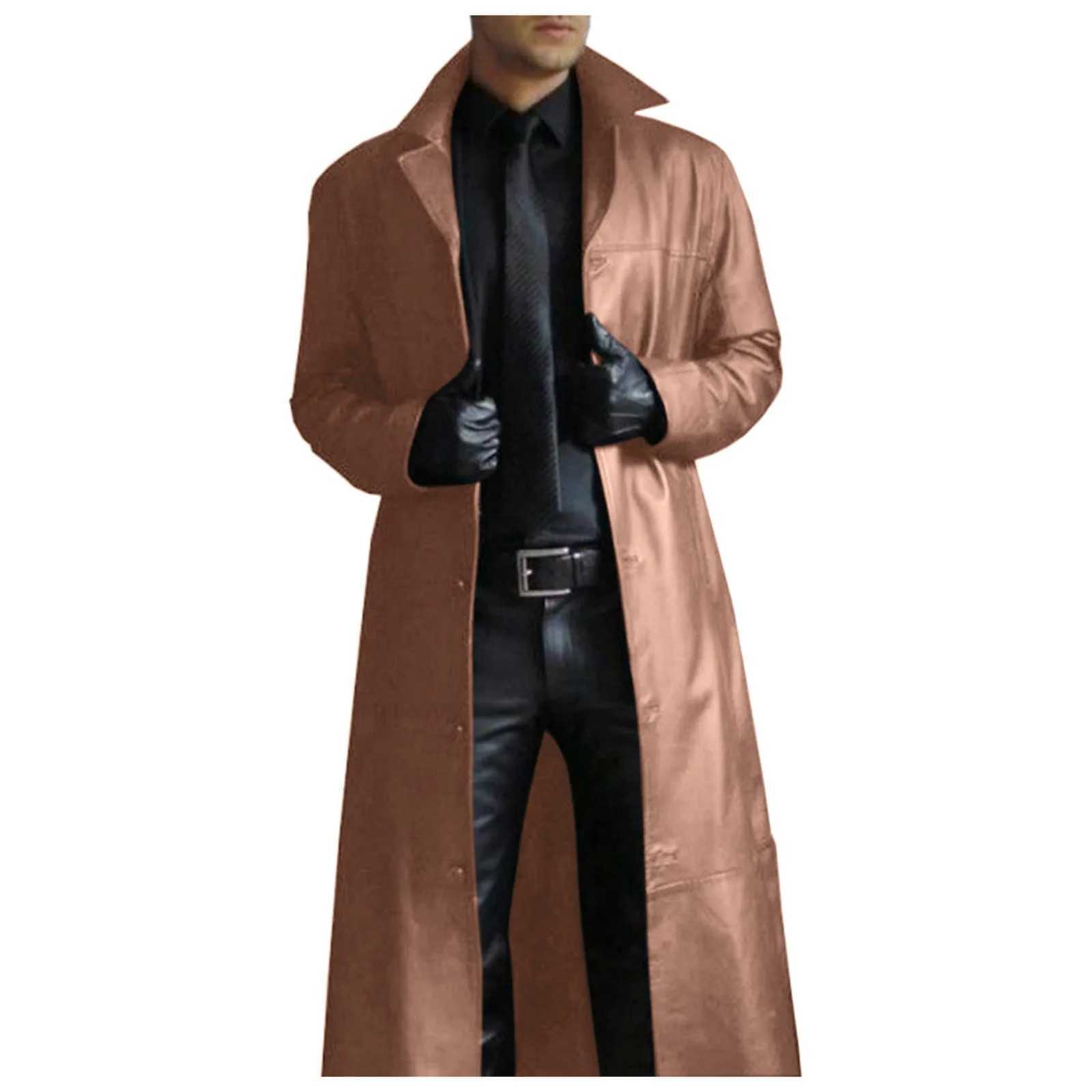Mens leather trench coat retro British style windproof coat handsome solid color slim fit coat long jacket ruffled jacket W240918