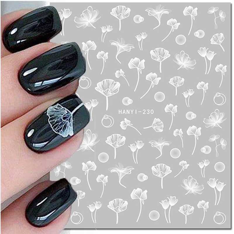 3D nail art decal Royalblue white floral watercolor flower leaf adhesive slider nail sticker W240823