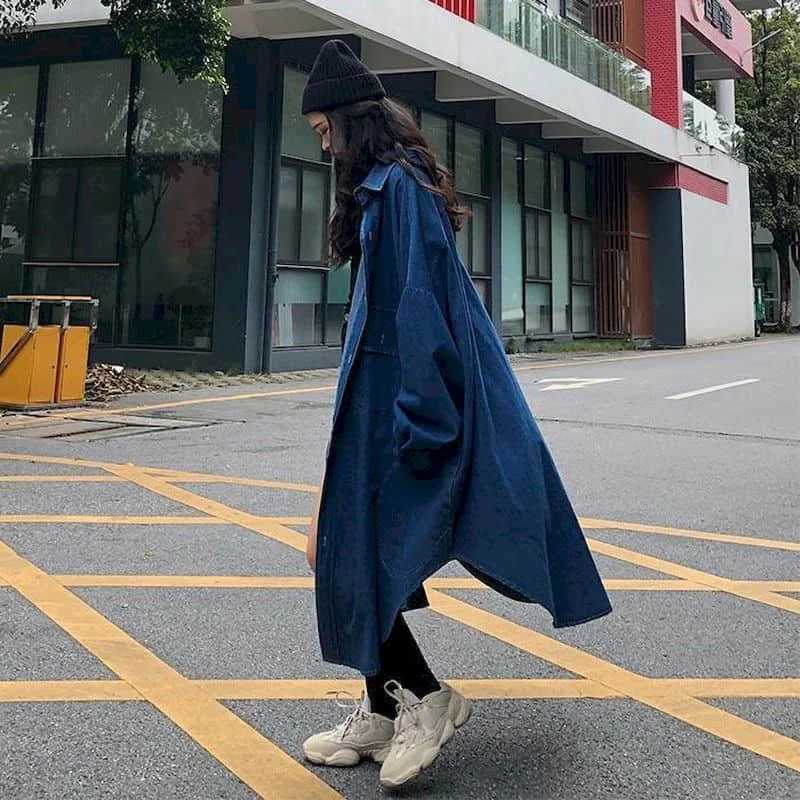 Denim Trench Coats Women Long Sleeve Casual Korean Style Workwear Jackets Vintage Ankle Length Oversized One-piece Women TopsX240921