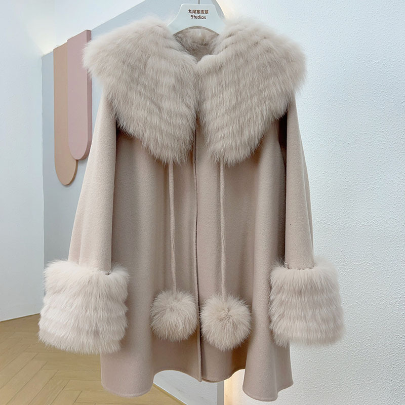 2024 New Loose Blended Coat With Real Collar Long Sleeve Fashion Genuine Fox Fur Jacket Female Outwear Wool Jackets