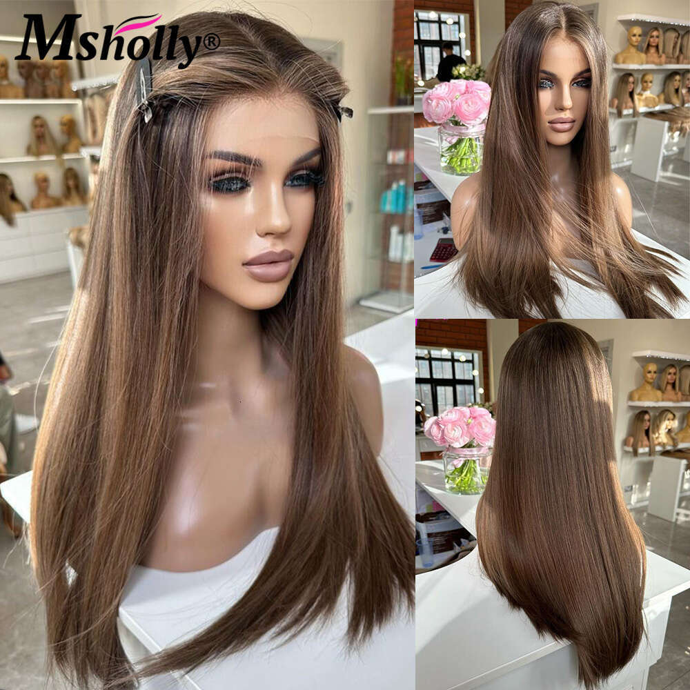 Highlight Chocolate Brown 13x4 Lace Front Bone Straight Preplucked Human Hair Wig Brazilian Colored Remy Wigs
