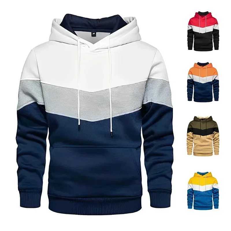 Mens patch work hooded sweatshirt outdoor casual sportswear street fashion mens wool hot hooded sweatshirt autumn and winter black W240921
