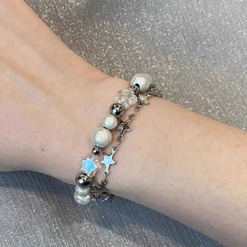 Star Pentagram Pearl Beaded Bracelet for Women Harajuku Crystal Vintage Aesthetic Charm Double Layer Chain Bracelet Jewelry GiftX240921