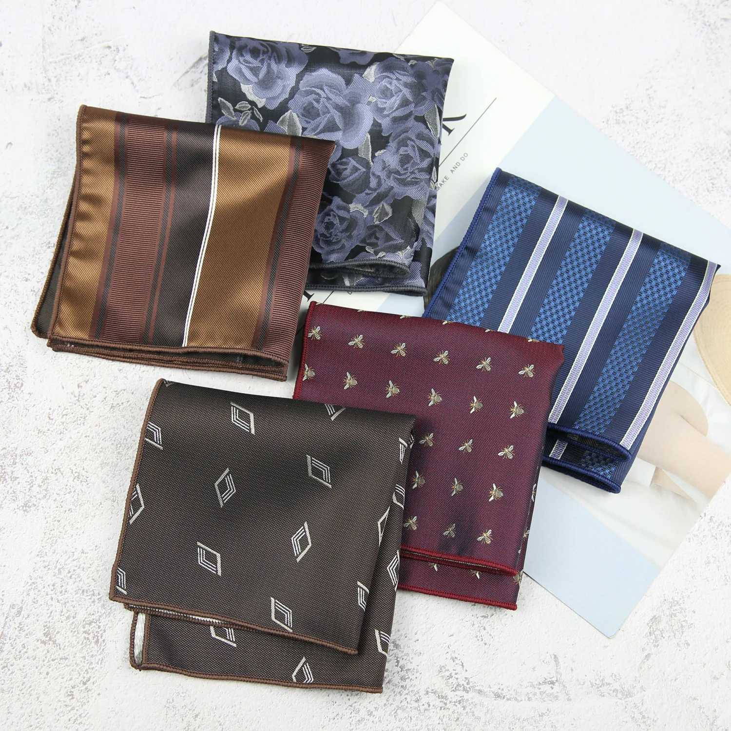 23CM Mens Paisley Striped Pocket Square Towel Polyester Jacquard Formal Flower Handkerchief Shirt Accessories Navy Red HankyX240921